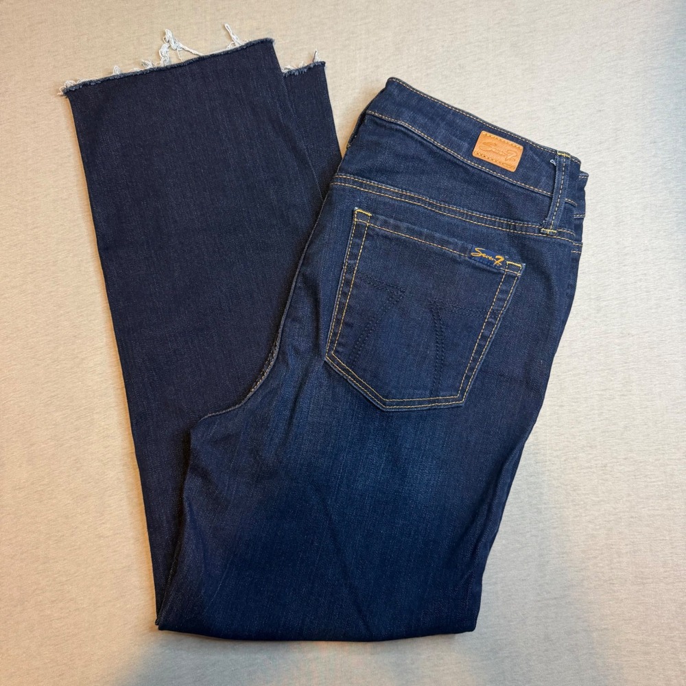 Seven7 Tower Straight Crop Jeans Dark Wash Raw Hem Size 6 Indigo Stretch Denim